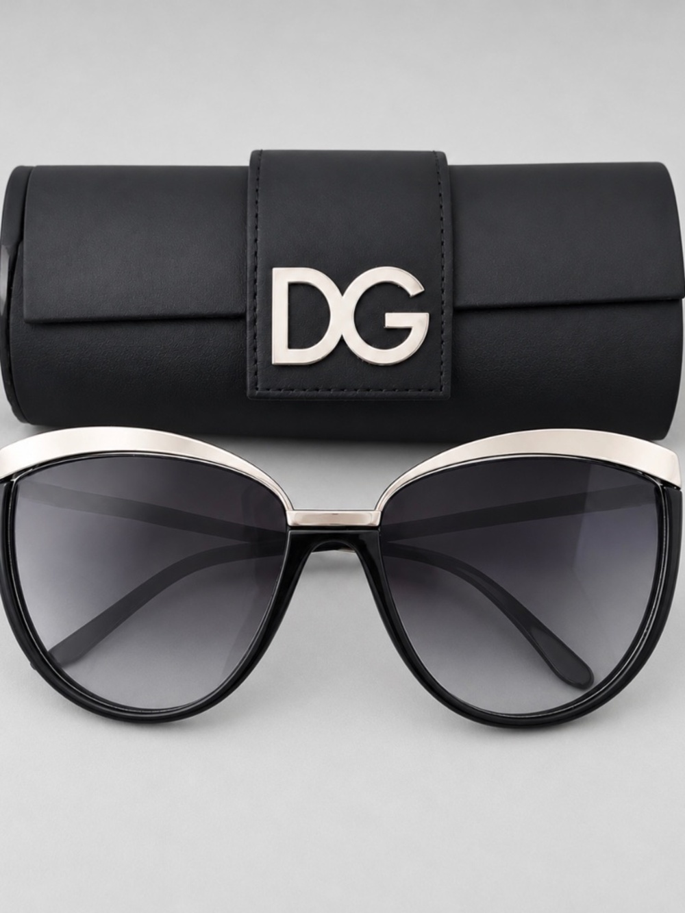 Dolce & Gabbana DG2096 Cat Eye Sunglasses Black Silver Gradient With Case